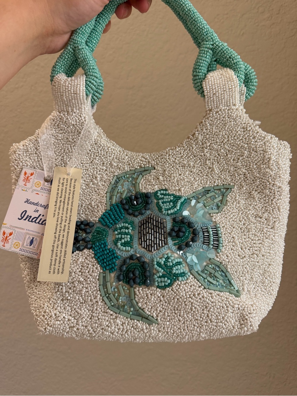 Viral Green Turtle Beaded Handbag